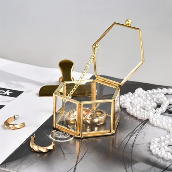 Glas Smykkeæske Lille Smykke Dekorativ Æske Klar Smykke Display Æske Nipsgenstand Opbevaringsholder Hexagon Ring Etui Smykkearrangør Gylden Small