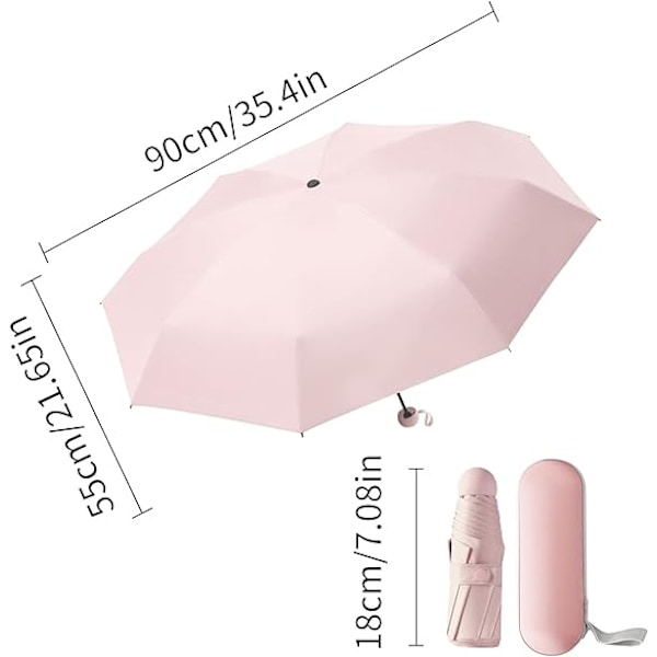 Taitettava sateenvarjo, 6-ripainen miniv sateenvarjo pienellä sateenvarjolla kapselikotelolla Mini anti-UV-sateenvarjo Nopea kuiva ja ultrakevyt kompakti (vaaleanpunainen)