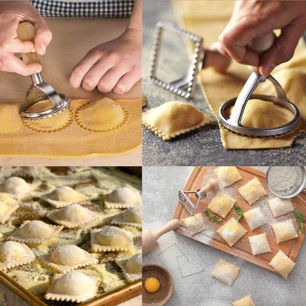 Ravioli Maker Cutter Stempel og Pasta Wheel Sett Pasta Maker Dies med trehåndtak og riflede kanter (sett med 5)