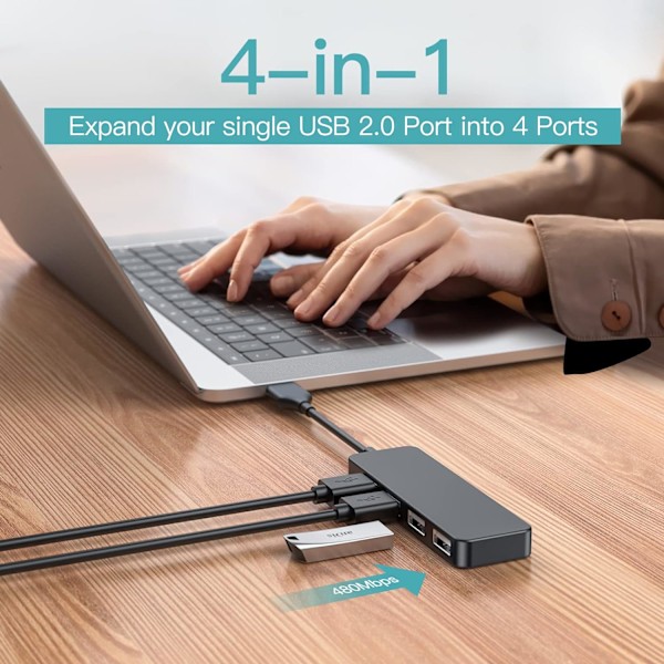 USB-hubb, 4-portars USB 2.0-hubb, ultraslim, bärbar USB-splitter för iMac Pro, MacBook Air, Mac Mini Pro, Surface Pro, bärbar dator, PC, USB-minne