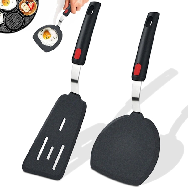 2 Stycken Silikonspatel, Bred Pannkakspatel för Stekta Ägg, Pannkakor, Fisk, Hamburgare, Biffar och Andra Rätter (Svart)