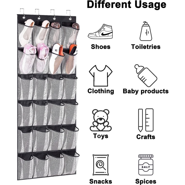 1PCS Over the Door Sko Oppbevaring Organiser Henge Sko Rack Holder 24 Store Mesh Lommer for Garderobe Dør Ryddig med Henger Black