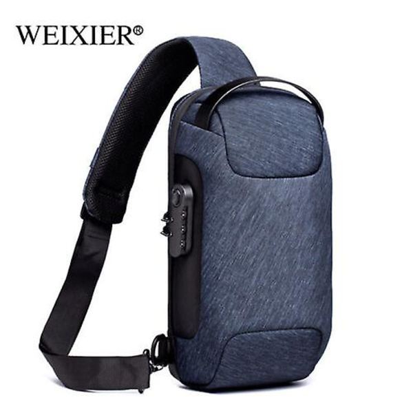 Miesten crossbody-rintareppu, vedenpitävä, varkaudenesto, reppu, USB-latausportti Blue