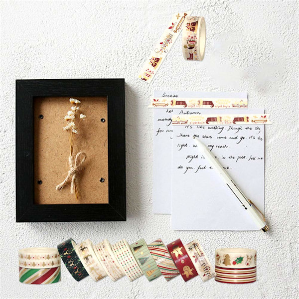 Set med 12 rullar jul-washi-tejp, guldmaskeringstejp, färgglada dekorativa tunna tejper, julmotiv, pysseltejp (1,5 cm x 5 m) (12)