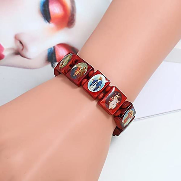 4 st Trärosary Jesus Armband Elastiskt Stretch Armband Med Bilder Av Religiösa Helgon Katolska Heliga Gudar Gudinna Bön Manifestation Armband