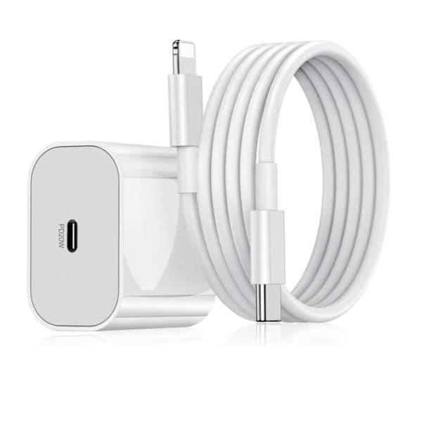 iPhone hurtiglader USB-C strømadapter 20W + 2m kabel hvit (1 lader og 1 2m ladekabel)