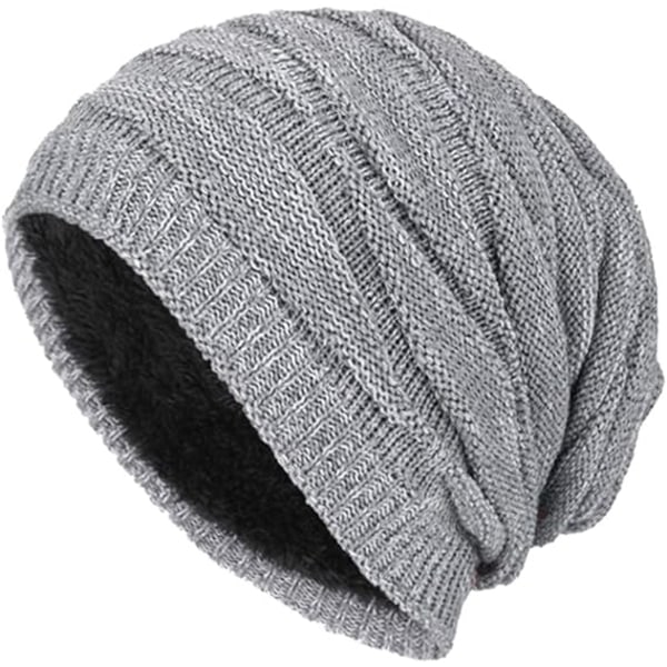 Vinter Beanie Hat Mænd Varm Strik Lang Slouch Skull Cap Termisk med Blød Fleece For - Grå