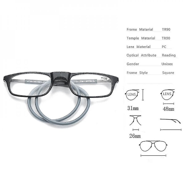 Lukulasit Korkealaatuiset Tr Magneettinen Absorptio Riippuva Kaula Funky Lukulasit Grey 1.5 Magnification