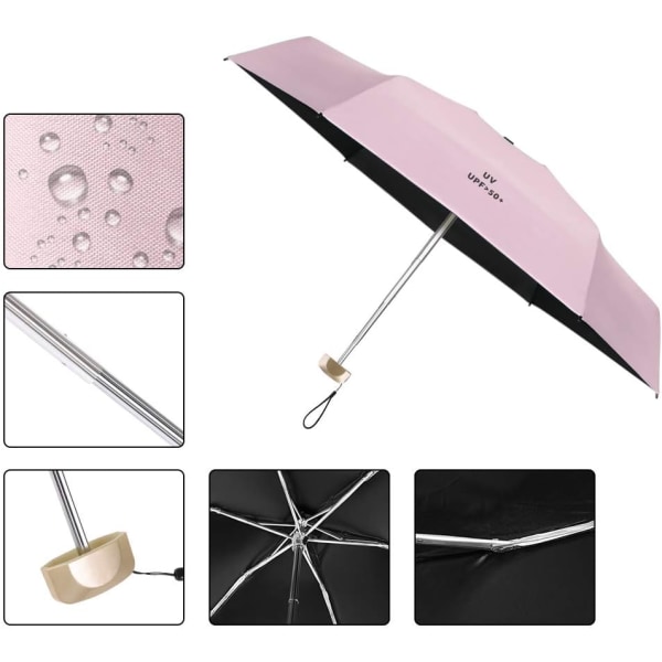 Minipary, Gummibeklædning & 6 Aluminiumlegeringsribber, Foldbar Kompakt Rejseparaply, UPF>50+ UV-Modstand, Regn og Sol