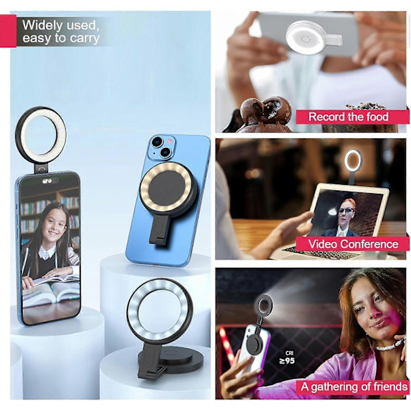 Magnetisk Selfie Lys Bærbar Magnetisk Telefon Selfie Lys og Stativ, 3 Farvetilstande LED Udfyldningslys til iPhone, iPad, til Makeup, TikTok black