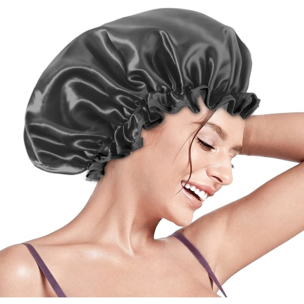 Reusable Shower Cap for Women, Double Layer Waterproof Hair Cap, Large Size for All Hair Lengths,for Girls Spa Home Salon Use (black)