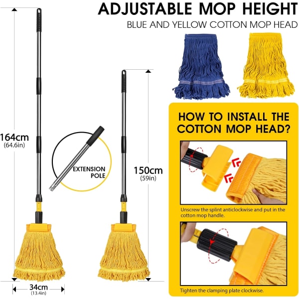 Industriell mopp, sløyfe-endestrengs mopp med 53\" langt håndtak i rustfritt stål og 2 gjenbrukbare hoder, kraftig våtmopp for hjemmet, tre, marmor, keramiske fliser