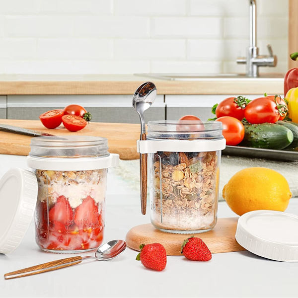 2-pakning overnatthavregryteglass, 10 oz frokostblanding, melk, grønnsak- og fruktsalatoppbevaringsbeholder med målemerker (HVIT)