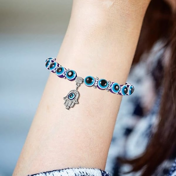 Stretcharmband med blå pärlor och Fatima hand-berlocker, turkiskt lyckoarmband med onda ögat för skydd och välsignelse