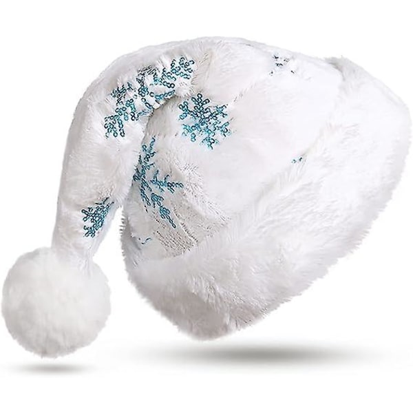 Hvid plys nissehue til voksne Luksus julehat broderet med skinnende pailletter hat Deluxe nisse (1 stk-blå)