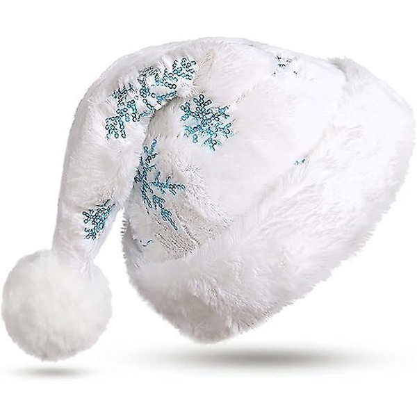 Vit plysch tomteluva för vuxna lyxig julhatt broderad med glänsande paljetter  hatt deluxe tomte(1st-blå)