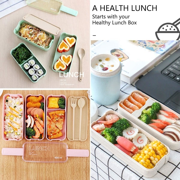 Japansk Bentoboks Lunsjboks, Gjenbrukbar 3-i-1 Rom, Bento Lunsjboks Matlagingsbeholdere med Gaffel, Skje Pink