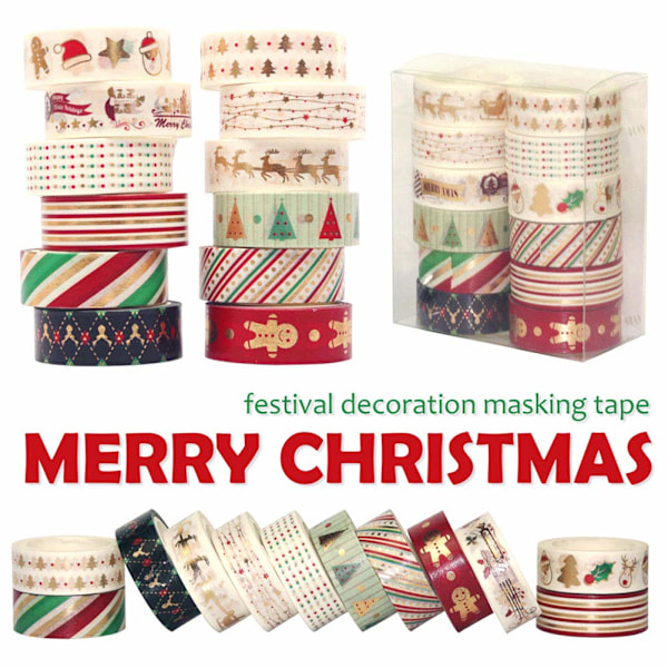 Set med 12 rullar jul-washi-tejp, guldmaskeringstejp, färgglada dekorativa tunna tejper, julmotiv, pysseltejp (1,5 cm x 5 m) (12)
