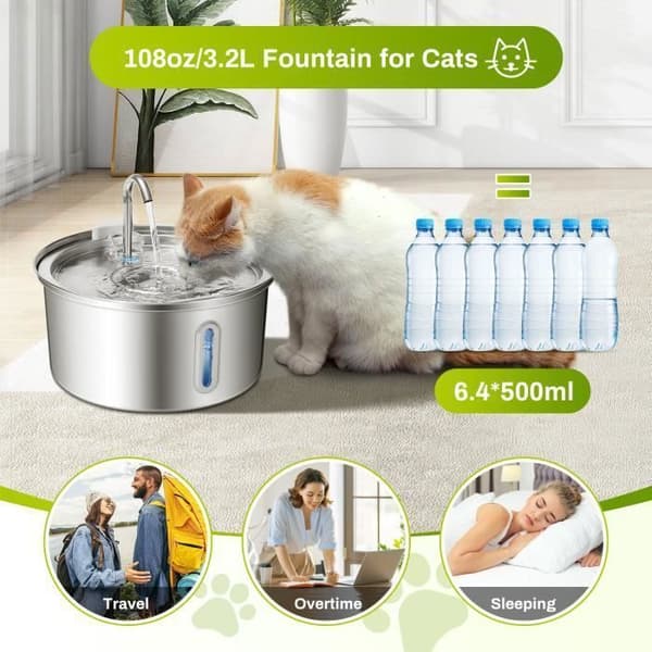 Kattevandfontæne - 3,2L (108oz) - Rustfrit Stål - Vandstandsindikator - Stille Pumpe