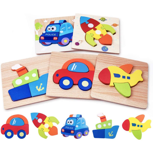 5 Pcs Wooden Traffic Vehicle Shape Blocks Puzzle