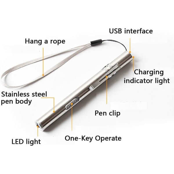 3-pack sjuksköterskepenna Light Medical Pen Light USB uppladdningsbar led ficklampa i rostfritt stål för läkare Studenter Läkare