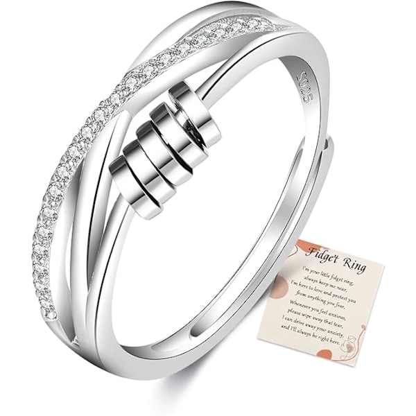 Fidget Ring Sterling Silver Ångestring Justerbar Fidget Ring Stress Spinner Ringar med Pärlor Cubic Zircon Ångestring för Dotter