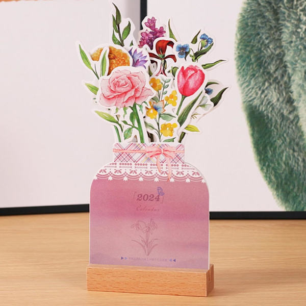 2024 Bloomy Flowers Bordkalender, Vaseformet Nytår Månedlig Kalenderplanlægger, Kreativ Blomsterbordkalender til Skrivebordsdekoration, Hjemmedekoration-B