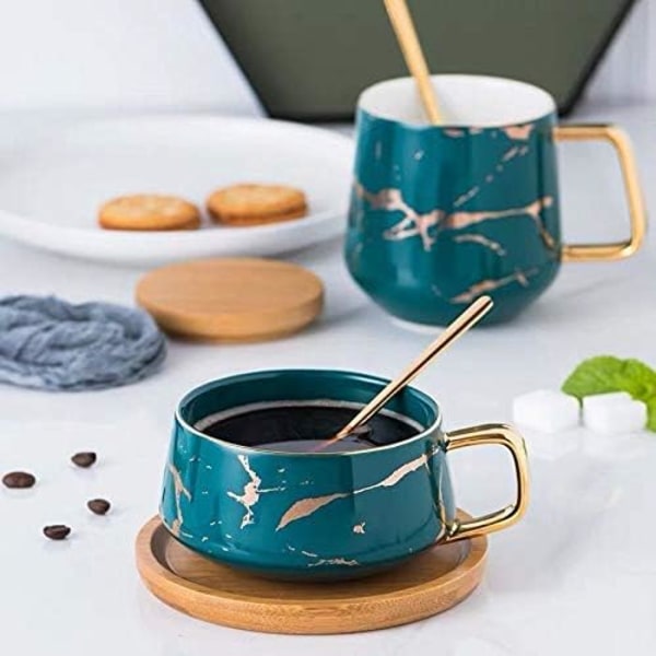 Porcelæn Te Kop Kaffe Kopsæt til Eftermiddagste - Marmor Mønster (Kort 301ml + Træ Underkop)