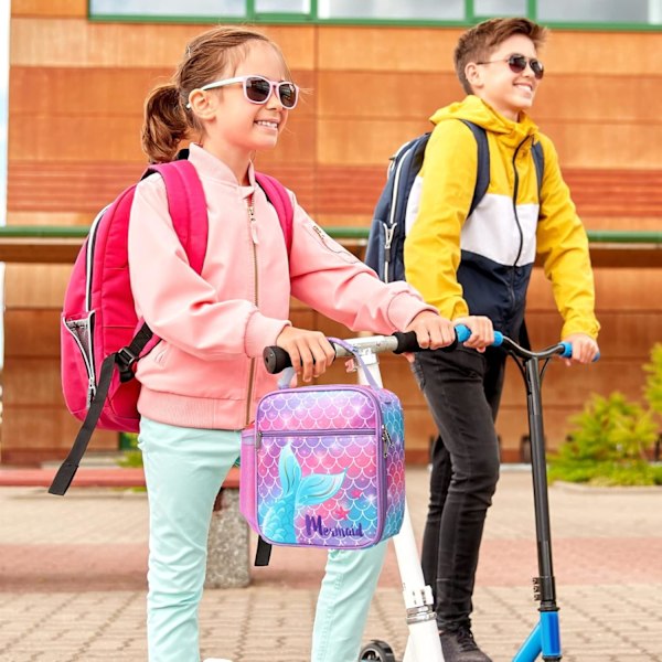 Lunsjpose for jenter, Isolerende lunsjpose for barn, Bærbar lunsjboks for skole, med flaskeholder, vanntett fôr, rosa enhjørning Pink Purple