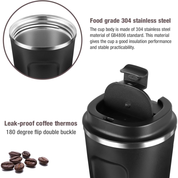 Vakuumisolerad Resmugg, Läckagesäker Dubbelväggig Rostfritt Stål Återanvändbar Kaffekopp med Lock för Varma & Kalla Drycker, Matt Textur Black 510 Ml