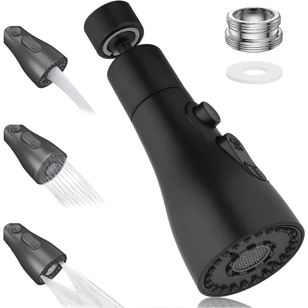 360 kjøkkenkransprøyte, 3 moduser kjøkkenvask sprøytekran, spraymunnstykke kjøkkenkran, vannbesparende kranadapter (svart)