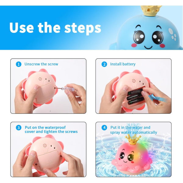 Baby badleksaker för 1 2 3 år gamla pojkar flickor, LED automatisk spray vatten bläckfisk lyser upp badkar simbassäng leksaker presenter för småbarn 0-6 månader Pink Octopus