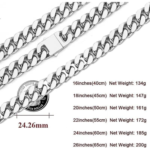 12mm Miami Cuban Link-kedja för män och kvinnor 316l rostfritt stål pojkar Hiphop silverfärgad chokerhalsband 16/18/20/22/24/26 tum