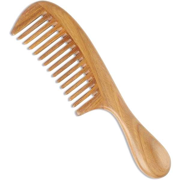 Håndlavet grøn sandeltræ-trækam - 100 % naturlig, antistatisk hårfjerner til mænd og kvinder (bredtandskam)