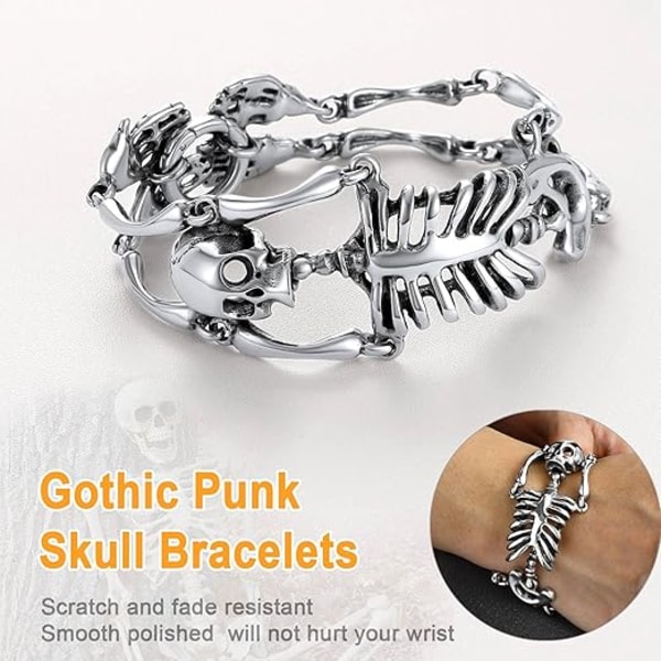 Raskas luuranko-rannekoru miehille ja pojille, pääkallopanta, ruostumatonta terästä goottilaista punk-tyyliä Halloween-koruja