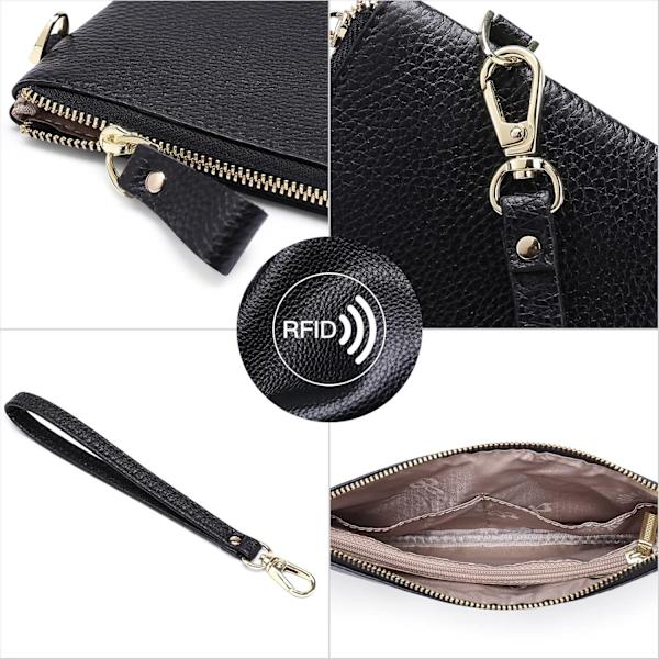 Håndleddsveske for kvinner, RFID-blokkerende Clutch-vesker for kvinner, ekte lærhåndvesker for kvinner med håndleddsstropp og glidelåslomme for mynter Black