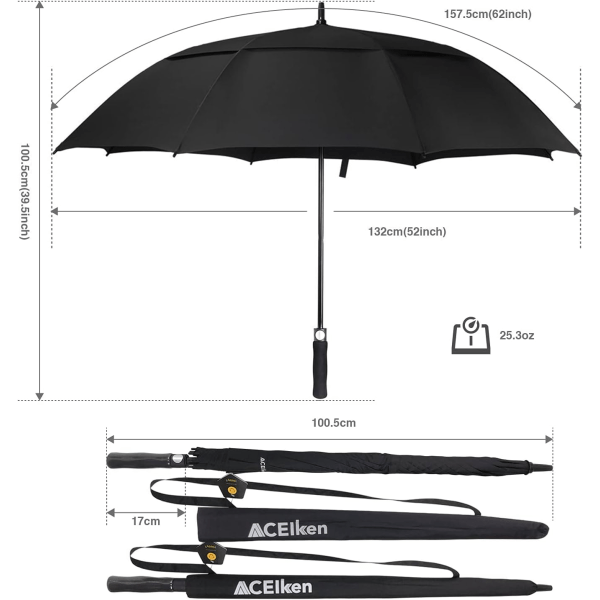 Golfparaply vindtæt 62 tommer, dobbelt baldakinventilation, automatisk åben, overdimensioneret, solbeskyttelse ultraregn- og vindafvisende pindeparaply
