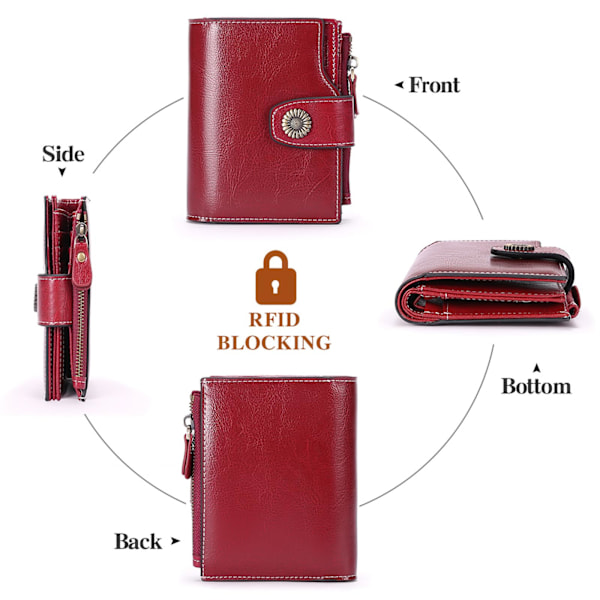 Liten plånbok för kvinnor i äkta läder med RFID-skydd, liten plånbok med blixtlåsfack Wine Red