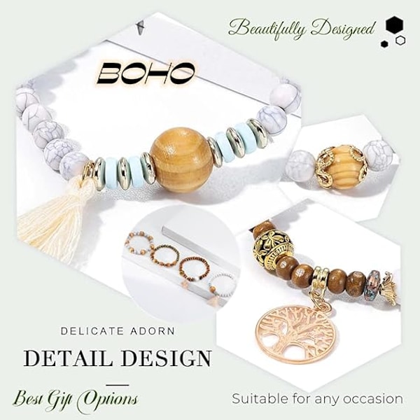 Boho Pärlarmband, Stretcharmband, Tofsarmband, Turistsouvenir Livets Träd Armband för Kvinnor (4-pack)