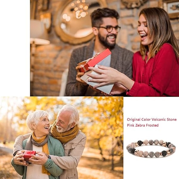 Anti-ångest armband, originalfärgad vulkansten + rosa zebra frostad naturstensarmband för ångestlindring