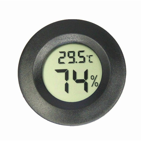Mini 4,5 cm sort digitalt termometer hygrometer, LCD-skærm, indendørs udendørs bærbar rund