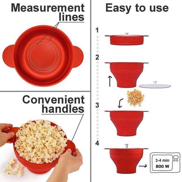 Popcorn kulho silikoninen mikrokulho popcornille - taittuva punainen punainen