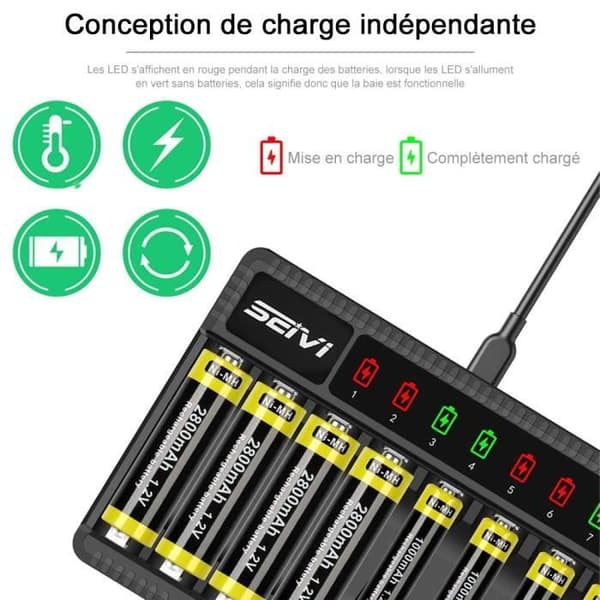 Smart oplader til NiMH AA/AAA-batterier - 8 pladser, DC5V, 620mA output