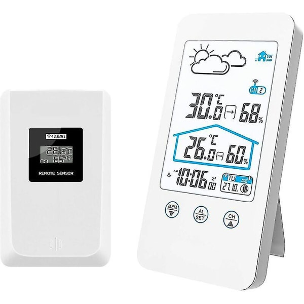 Trådlös väderstation, inomhus trådlös digital inomhustermometer Fuktighetsbarometer väderstationsklocka med utomhussensor (vit) Hy