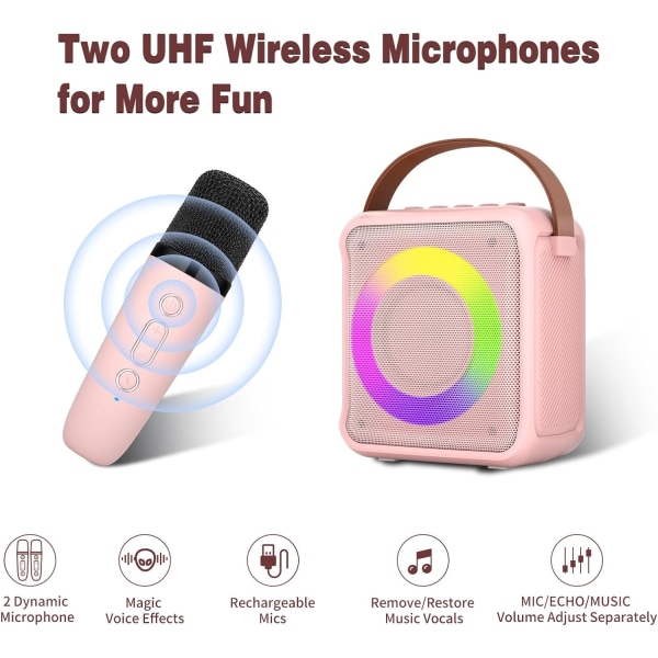 Karaokeleker for barn og voksne med 1 mikrofon, bærbar karaokemaskin med LED-lys og stemmeforandrende effekter, gaver til alderen 3-18 barn, gutter Pink 1 Mic