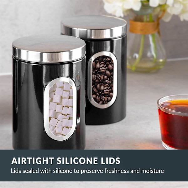 3 stk. Køkkenbeholdere - Velegnet til Sukker, Te, Kaffe osv. - Multi-Madopbevaringsglas - Sort