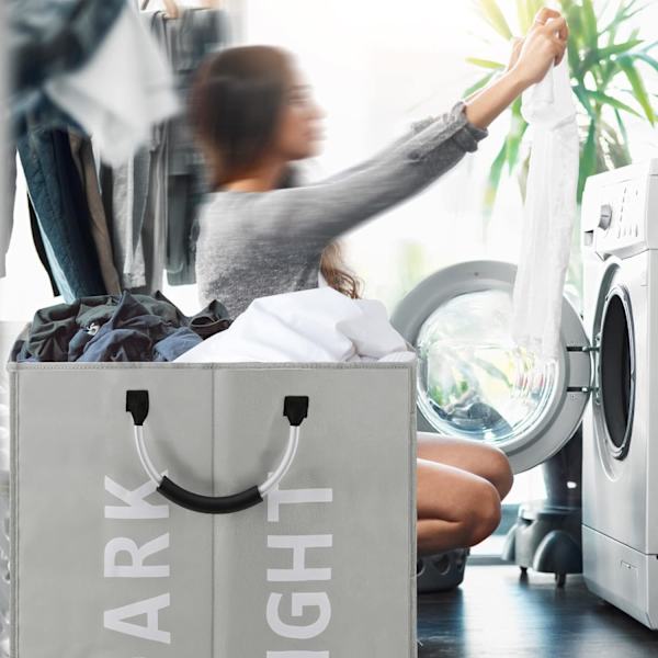 Stor hopfällbar tvättkorg med 2 fack för sovrum, tyg (grå)