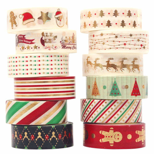 Set med 12 rullar jul-washi-tejp, guldmaskeringstejp, färgglada dekorativa tunna tejper, julmotiv, pysseltejp (1,5 cm x 5 m) (12)