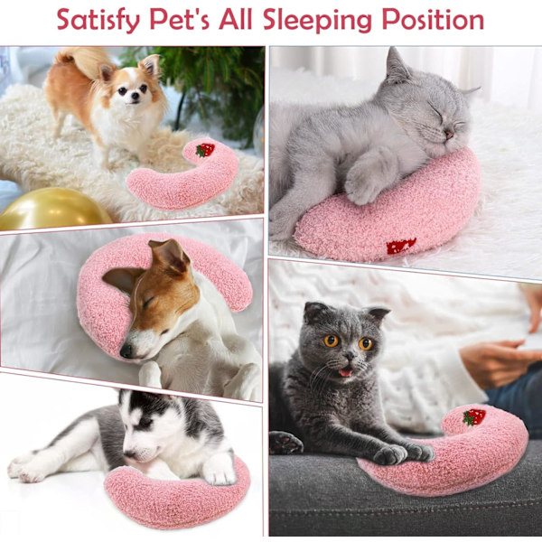 Myk pute for katter, myk leke for katter, beroligende pute for katter, angstdempende pute for hunder, valpepute, nakkepute, U-formet pute, hundeputeseng, sovepute, forbedre - rosa