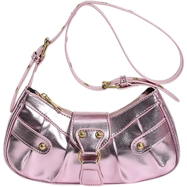 Dam axelväska Punk Style Nitar Satchel Handväskor PU Läder Halvmåne Väska Y2k Handväska Halvmåne Underarm Väska Motorcykel Axelväskor-rosa